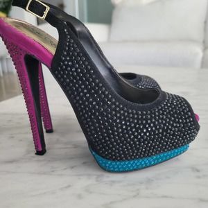 Rhinestone, Sparkly, Color Block, Platform Sandal Heels
